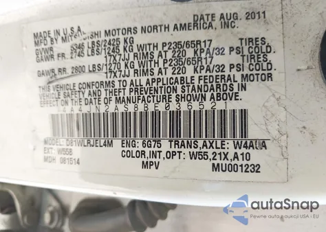 2011 Mitsubishi Endeavor from USA, damaged, VIN 4A4JN2AS8BE036521